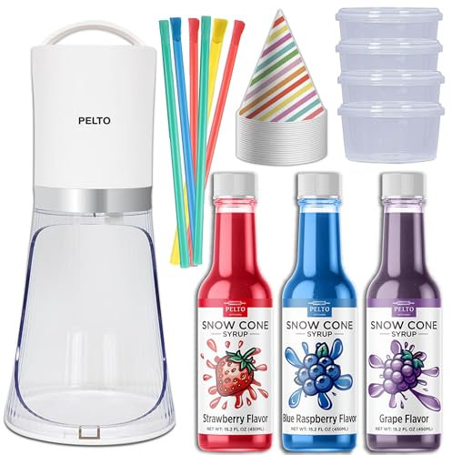 Snow Cone Machine set with 3 Flavors, 25 Cone Cups, 25 Straws, 4 Ice Molds - Strawberry, Blue Raspberry, Grape - Hawaiin Slushie Flavors - Electric Shaved Ice Maker Kit for Kids Birthday Gift Party