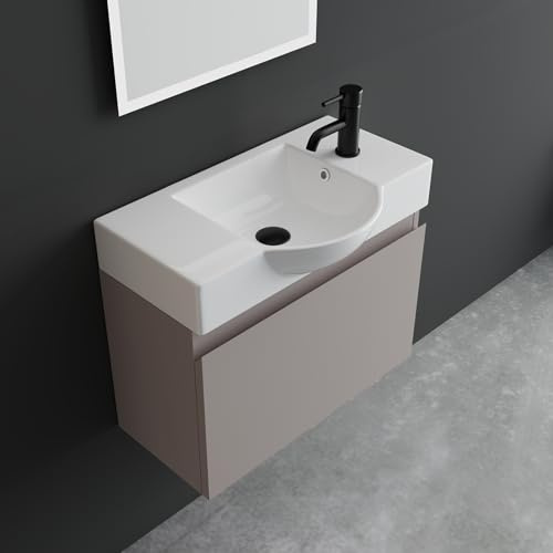 Alpenberger Waschbecken mit Unterschrank Gäste WC hängend 55x25 cm Keramik | Waschtisch mit Unterschrank Light Coffee, Waschbecken aus Keramik, Waschbeckenunterschrank MDF/MFC, für kleine Bäder
