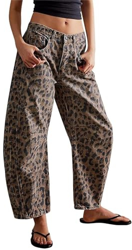 MASUCOR Jeans Leopard Barrel pour Femmes Taille Moyenne Jeans Vintage Amples à Jambes Larges Jeans Baggy Boyfriend Y2k Streetwear avec Poches Jeans Courts Jeans Hip Hop