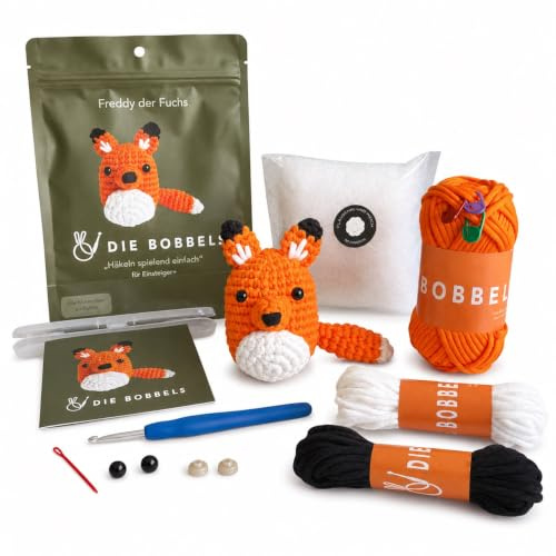Die Bobbels“ Einsteiger Häkelset für Anfänger mit kinderleichtem Garn, Hilfsmitteln und Schritt-für-Schritt Videoanleitung (Fuchs)