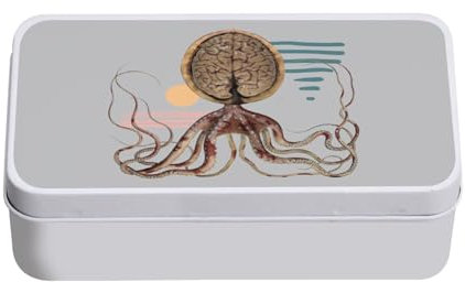 Fabulous Graue Metalldose - Octopus Walnut Schale Collage Art Grotesk Surrealismus - 11 x 18,5 x 5,5 cm - Aufbewahrungsbox, Schlüssel, Werkzeuge, Lunchbox, Süßigkeiten, Kekse