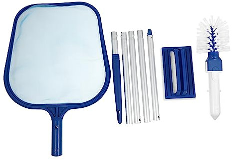 OFFSCH Schwimmbad Skimmer mit 5 Stück Teleskopstange und Gebogenem Netz Pool Bergungsnetz aus Kunststoff für Einfache Bedienung für Tiefe und Flache Wasserbereiche