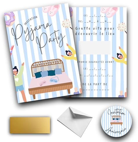 RXLITE Kit créatif premium Invitations Anniversaire Thème pyjama - Festives et ludiques, avec autocollants personnalisables et enveloppes dorées - Faites de chaque anniversaire un moment inoubliable !