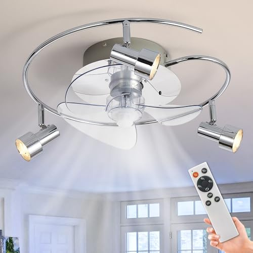 Depuley Modern Ceiling Fan with Spotlights: Chrome 15.7 Round Track Light Fixture with Fan for Bedroom- 3 * 4W LED Spot Light and Fan Combo with Remote Control Reverse Quiet DC Motor Timer