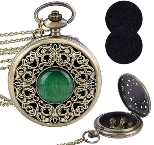 PH PandaHall DND Würfel Set, 7 Stück Mini-Metallwürfel mit Taschenuhr Hohle Edelstein-Uhrenhülle für Dungeons and Dragons, RPG, Spiele, Geschenk (Antike Bronze, Grün)