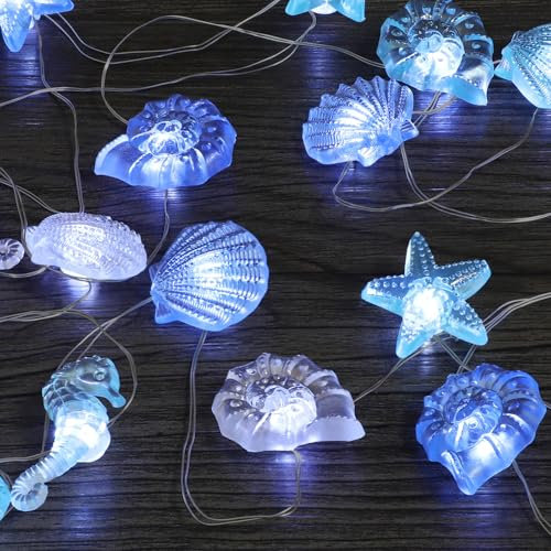 Lichterketten Batterie Timer, 2M 20 LED Lichterkette Meerestiere, Muscheln Lichterkette Kinderzimmer Maritime Deko für Party Schlafzimmer Weihnachten Hochzeit Badezimmer, Deko Strand und Meer