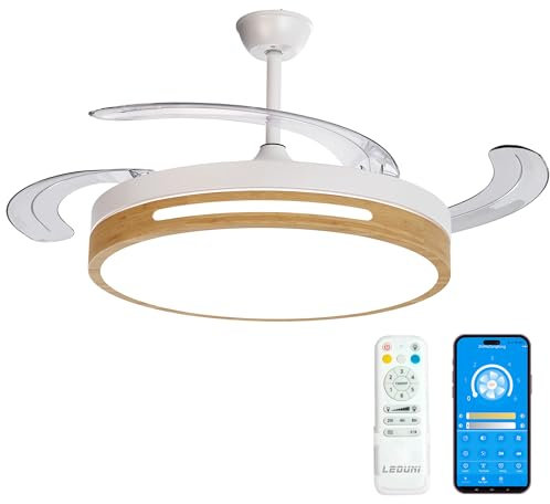 LEDUNI Ventilador de Techo LED con Aspas Retráctiles Control Remoto,66W 30W Motor DC+36W Luz 2880LM Luz Integrada, Color Blanco CCT 3000-4000-6000K (Madera Liso)