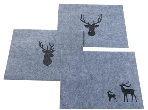 mucHome Filz Tischsets mit Hirsch-Motiv 3er Set Sortiert Polyester Grau Tischunterlage Untersetzer