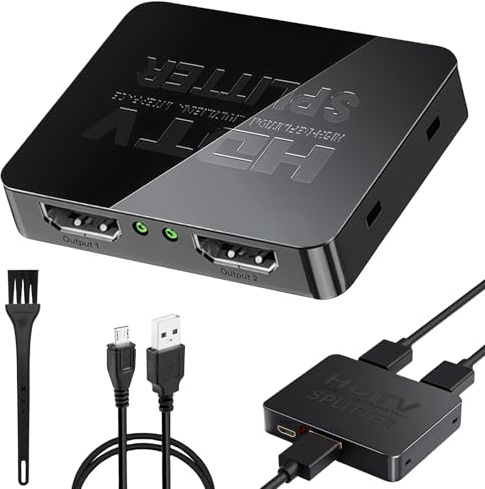 UIHRLM HDMI Splitter 1 in 2 out, 4K@30Hz HDMI Splitter for Dual Monitors with USB Cable, 1.2 HDCP HDmi Splitters Compatible with Fire Stick Full HD HDTV Blu-ray DVD Player, Duplicate & Mirror Screen