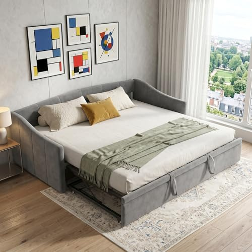BEIJIALY Polsterbett Ausziehbares Schlafsofa 90/180x200cm, Einzelbett/Doppelbett mit Lattenrosten, Multifunktionsbett aus hautfreundlichem Samtstoff, Keine Matratze, Grau (Grau A)
