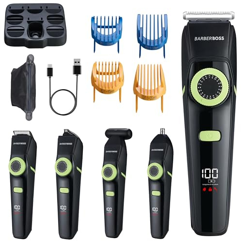 BarberBoss 5-in-1 Men’s Grooming Kit, Cordless Beard Trimmer, Hair Clipper, Nose & Ear Hair Remover, Detail & Body Trimmer with USB Charging, Waterproof Design & LED Display
