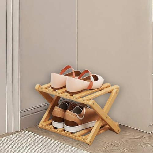 kiss me Faltbares Schuhregal, klein, vertikales Schuhregal aus Holz, kleines Schuhregal für Engen Raum ohne Installation, drinnen für Flur, Eingang, Ecke, Schlafzimmer (Natur, 2 Etagen)