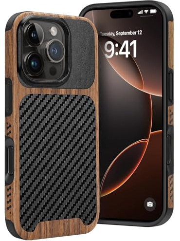 Dolstrap Rugged Case Compatible with iPhone 16 Pro Case, (Natural Wood & Leather & Carbon Fiber Hybrid) Slim Phone Cover, Black
