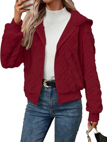 ABINGOO Fleecejacke Damen Kapuzenpullover Reißverschluss Hoodie Warme Flauschige Kuscheljacke Kurze Winterjacke Einfarbig Plüschjacke mit Taschen(Weinrot,L)