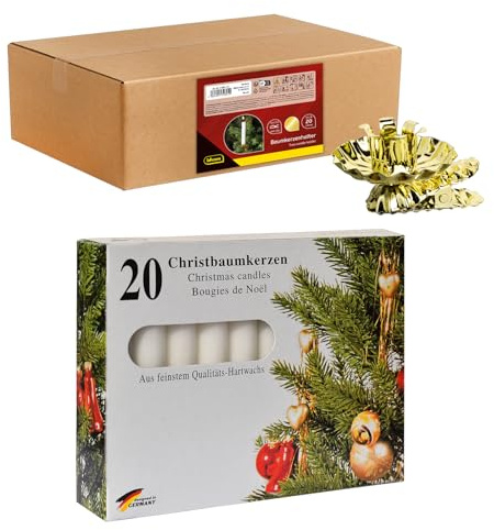 Idena 90489 - Baumkerzenhalter für den Weihnachtsbaum, 20 Stück in Gold inkl. 20 Baumkerzen in Weiß, Vintage Kerzenhalter aus Metall, mit Clip für Äste bis 1,5 cm Dicke