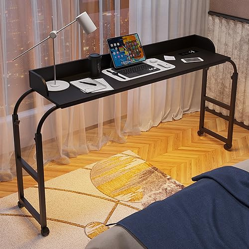 FREDEES Over Bed Desk with LED Light, Wheels & Charging Station, Black