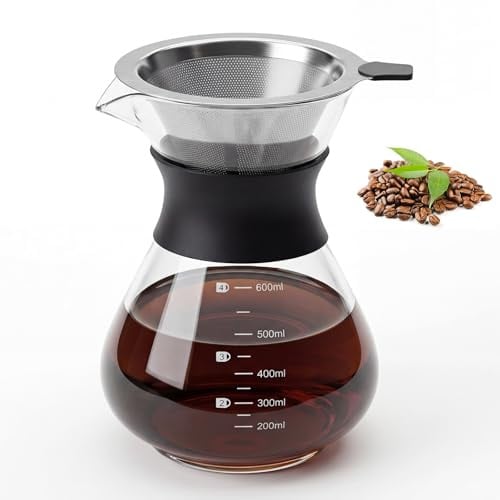 Dwitkul 600ml Pour Over Kaffeebereiter, Handfilter Kaffee Bereiter mit Edelstahl Permanentfilter, Glaskaffeemaschine Handtropf, für Zuhause, Büro, Camping und Reisen, Schwarz