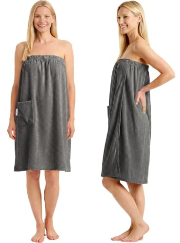 CalmySPA Leicht Frottee Saunakilt Damen - Saunahandtuch Baumwolle mit Gummizug und Knopf Saunakleid Saunatuch Sauna Handtuch Kleid Frauen Kilt (Anthrazit)