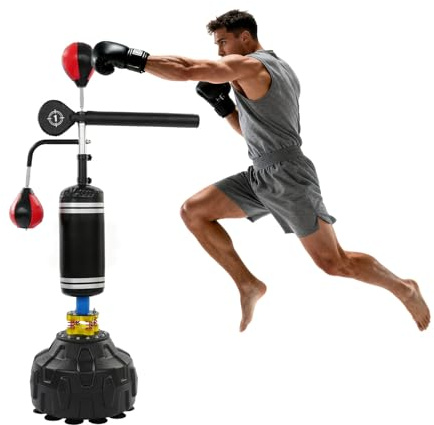 Sac de frappe sur pied 4 en 1, avec poire de vitesse et barre réfléchissante, hauteur réglable de 1,6 à 2,1 m, autonome avec base à ventouse, station de boxe pour adultes et adolescents, kickboxing