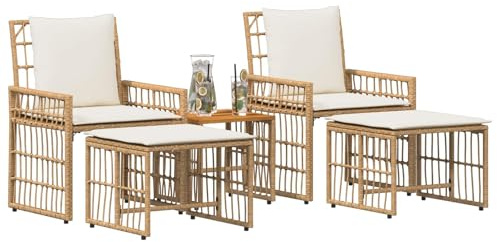 vidaXL Gartenmöbel Set 5 pcs Natürlich und Cremweiß, Garten und Terrasse, Rustikaler Außenstil, Wetterbeständiges Lounge-Set, Poly-Rattan-Sitzgelegenheiten, Akazienholz-Tisch, Langlebiges Design