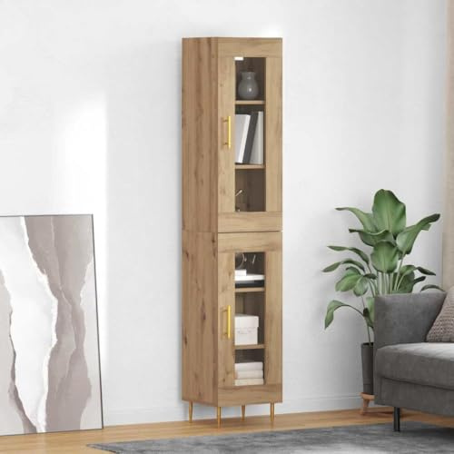QUAHEAS Highboard Artisan-Eiche mit Glas, 2-teiliges Sideboard Buffet Cabinet mit Stauraum, modernes Storage Cabinet für Wohn- und Esszimmer, Stabiler Kitchen Sideboard mit Scharniertüren