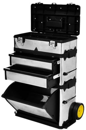 Werkzeugtrolley 3-teilig mit Rollen, Edelstahl und PP, 56,5x35x77-92 cm, Werkzeugbox mit Schubladen, Werkstattwagen für Garage, Keller und Heimwerker