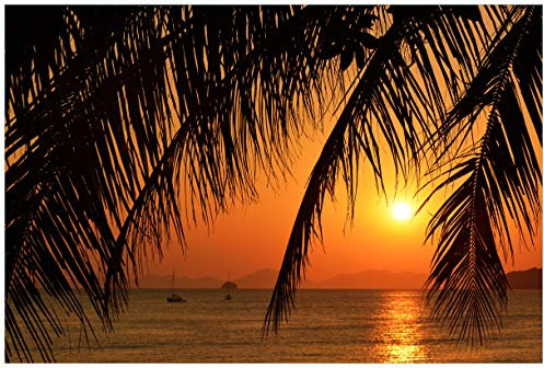 Wallario Premium XXL-Vliestapete Sonnenuntergang unter Palmenblättern - Fototapete Größe: 400 x 267 cm