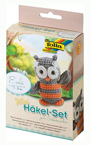 folia 23908 - Mini Häkelset Eule, Komplettset zur Erstellung von einer selbst gehäkelten niedlichen Eule, ca. 7 - 9 cm groß, für Kinder ab 8 Jahren und Erwachsene, als Geschenk