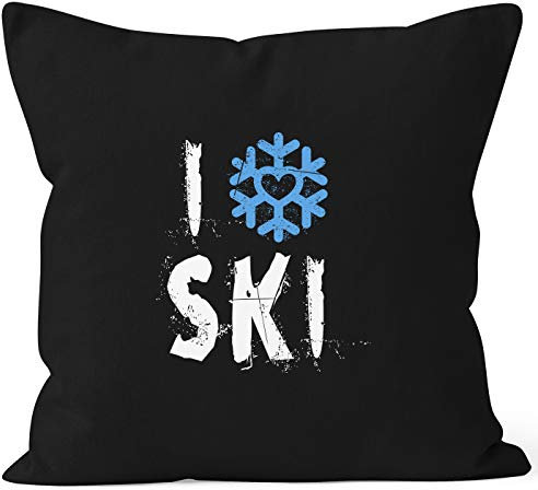 MoonWorks® Kissen-Bezug I Love Ski Ich Liebe Ski Wintersportler Ski-Fahrer Kissen-Hülle Deko-Kissen Baumwolle schwarz Unisize