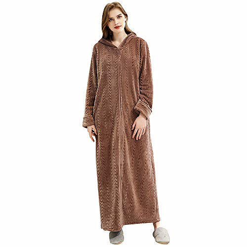 Oksun Accappatoio morbido da donna, taglie forti, in pile, con cerniera, Cappuccio-marrone, X-Large