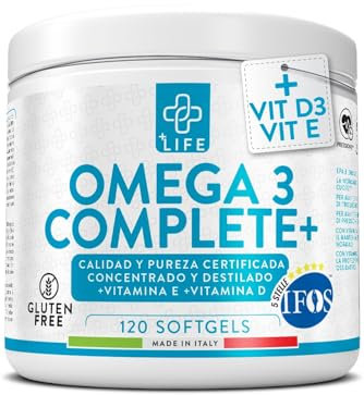 Omega 3 IFOS 5 étoiles Certifié Avec Vitamine D3 2000 UI Et E PiùLife, 120 Softgels, Huile De Poisson Omega 3 DHA EPA 2000 mg et 1000 mg par dose, Soutien Cœur, Vue, Os, Cerveau