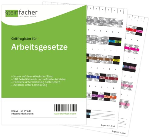 Steinfacher Griffregister für ARBEITSGESETZE - 148 bedruckte Aufkleber, inkl. Einklebeschablone für gebundene Textausgaben (ohne Folien | ablösbar | mit Überschrift)