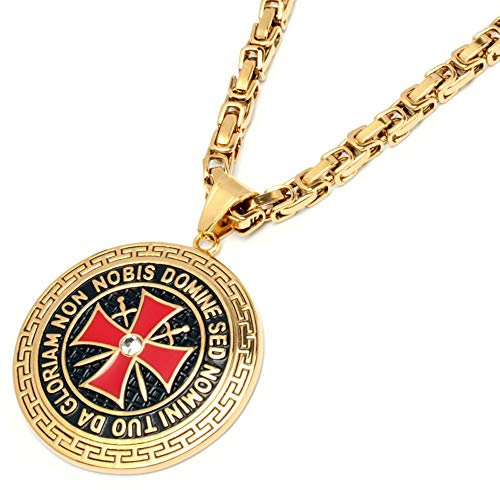 Schmuck-Checker Großes vergoldetes Templer-Medaillon aus 316L Edelstahl gold rotes Tatzenkreuz mit Königskette Kreuzfahrer Kreuzritter Anhänger Geheimbund Männer Geschenk