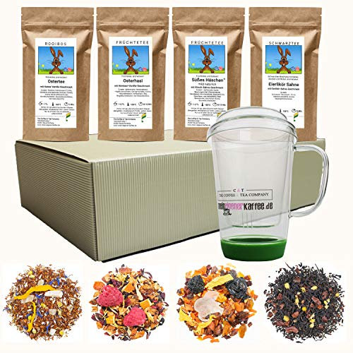 Ostertee Geschenkset 4 x 150g lecker-fruchtige Tees + Gratis Teeglas 400ml mit Glasfilter im Osternest-Geschenkpaket