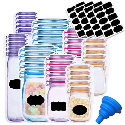 81 Pcs Reusable Mason Jar Bags Food Storage Organizer Multi-Size Fresh Leak Proof Sandwich Snack Ziplock Container with Chalkboard Label Sticker Silicone Funnel for Kitchen Camping Travel Office