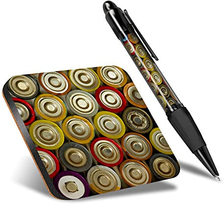 DV DESIGN 1 x Eco Square Coaster & 1 Pen Set - Retro Batteries Power Bank Drink Cup Mug Glass Table Protection Mat #3084