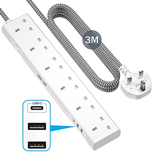 LENCENT 3M Extension Lead with USB Slots, 6 Way Outlets Power Strip with 1 USB-C and 2 USB Slots,Multi Power Plug Extension with 3M Braided Extension Cord for Home Office, White