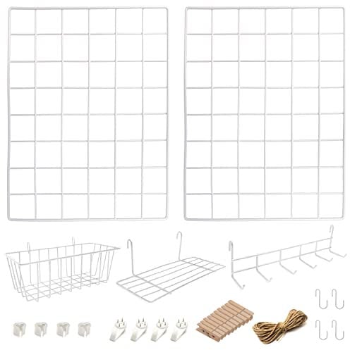 2 Pack Wire Wall Grid Panel with Accessories | Includes Hanging Basket, Shelf & Hook Rack | Complete Set | Wire Notice Board | Hanging Home, Office & Kitchen Décor | Photo Board | Metal & White