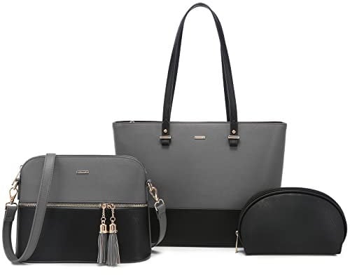 LOVEVOOK Handtaschen Damen Shopper Schultertasche Umhängetasche Damen Groß Damen Tasche für Büro Schule Einkauf Reise Handtasche 3-teiliges Set, Grau Schwarz