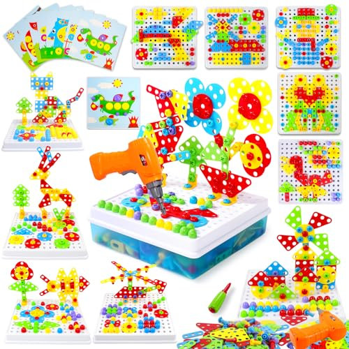 Rtomry Steckspiel Montessori Spielzeug Mosaik Steckspiel Bastelset Kinder Bohrmaschine Konstruktionsspielzeug Lernspiele Geschenk Junge Mädchen 3 4 5 Jahre (223 Stück)