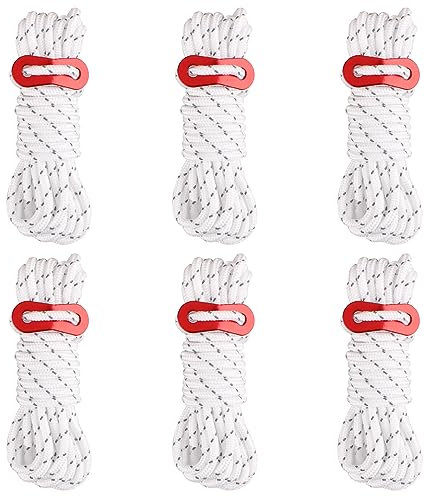 Azarxis Reflective Guyline φ4mm 4m Tent Guide Rope Cord with Aluminum Guy Line Adjuster Tensioner Lightweight for Tent Tarp Canopy Sheleter Camping Hiking Backpacking (White - 6 Pack)