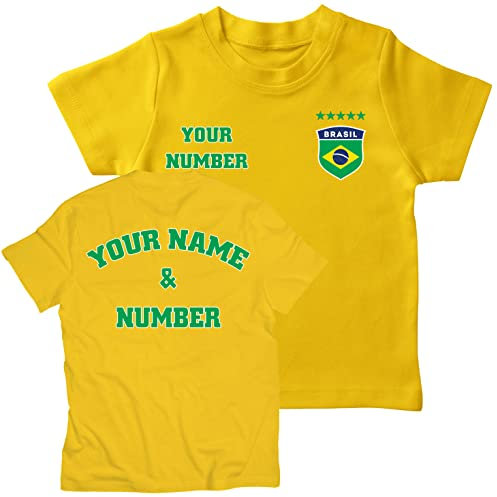 lepni.me Maglia per Bambini Maglietta da Calcio Brasile con Tuo Nome e Numero | Distintivo Bandiera Brasiliana Personalizzata | Coppa del Mondo 2022 (1-2 Anni Giallo Multicolore)