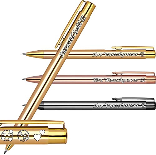 10x Kugelschreiber Elegant mit Gravur | Emojis Gravur möglich | Personaliesierter Werbekugelschreiber mit Wunschgravur | (Gold, 10 Stück)