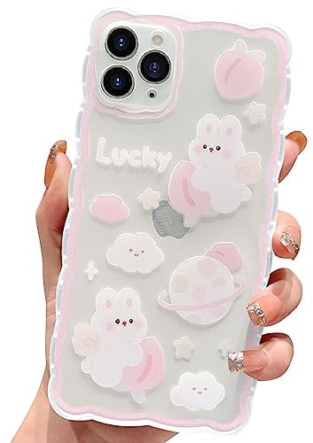 HZLFCZL Compatible with iPhone 11 Pro Max Case Cute Clear Cartoon Planet Peach Rabbit Pattern Design Women Girls Aesthetic Kawaii Slim Soft TPU Transparent Phone Case for iPhone 11 Pro Max-Light Pink