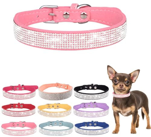 Bling Diamante Dog Collar, Rhinestone Puppy Collars sparkly Glitter Diamond Crystal Small Dog Collar Adjustable for Girls Female XXSmall Small Medium Large Dogs (Size XXS,Pink)