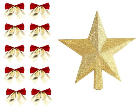 Christmas Tree Topper Star with 10 Christmas Bows for Xmas Trees Decoration, Light Weight Glitter Christmas Tree Top for Nativity Decor Ornament