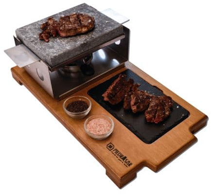 Piedra Volcánica para asar carne a la piedra- Piedra para carne Modelo R15x20 Deluxe-Plancha para asar carne para Restaurantes y Particulares- Estructura de acero inoxidable