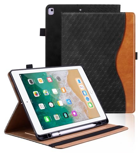 Vkooer Hülle für iPad 10.2-Zoll 9/8/7 Generation Schutzhülle mit Pencil Halter (iPad 2021/2020/2019) Ledertasche Cover Case mit Auto Schlaf/Aufwach Kartentasche für iPad Air 3/Pro 10,5 - Schwarz