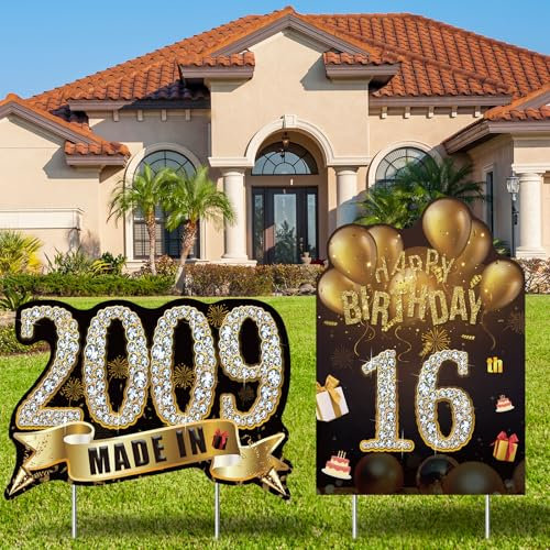 Lot de 2 panneaux de décoration de jardin « Happy 16th Birthday » pour garçons et filles, noir et doré, fabriqué en 2008, panneaux de pelouse, fournitures de fête avec piquets, décoration d'extérieur