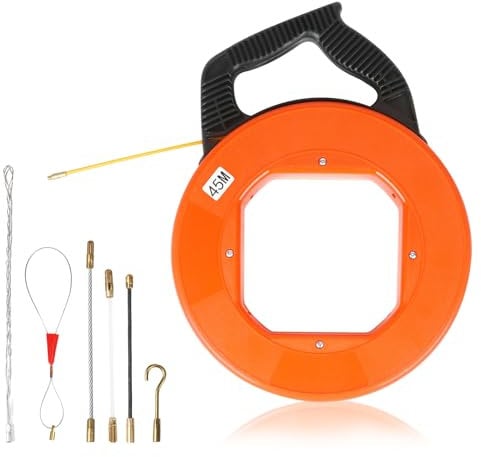 Kabeleinziehhilfe 45 M, 4mm Einziehspirale, Einziehfeder, Zugdraht für Leerrohre mit 6 Adapter, Kabelziehhilfe mit Kunststoffgehäuse und Handgriff, Einzugshilfe Kabel für Elektroarbeiten.